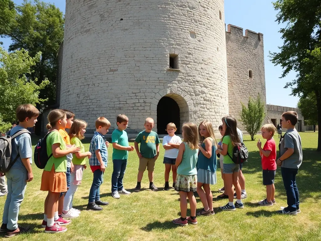 A vibrant image capturing a group of local schoolchildren participating in an ASPCP-led educational workshop on traditional building techniques, held in front of a restored medieval tower in Pomayrols. The scene emphasizes the importance of passing on heritage skills to the younger generation.