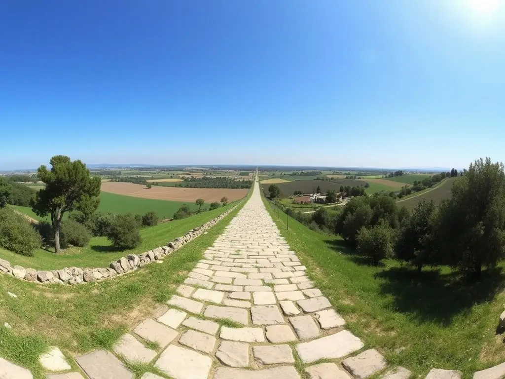 A panoramic view of the Pomayrols countryside, showcasing a restored section of an ancient Roman road, now integrated into a scenic hiking trail. The image illustrates ASPCP's commitment to preserving natural heritage and promoting sustainable tourism.