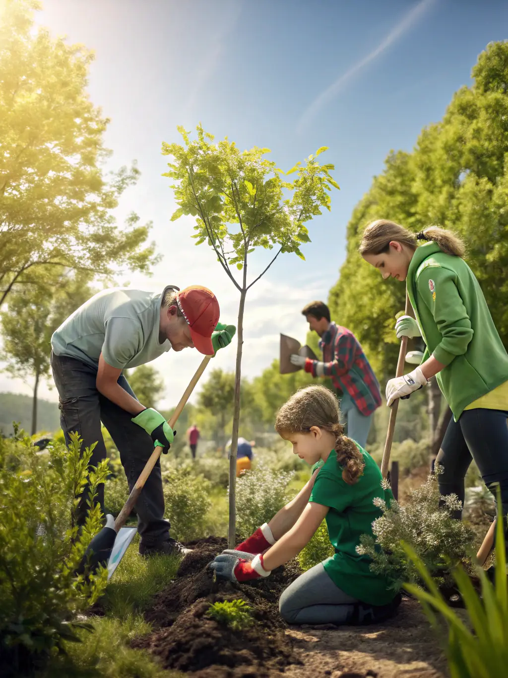 Volunteers planting native trees in a designated area of Pomayrols, contributing to the preservation of the natural environment and biodiversity.