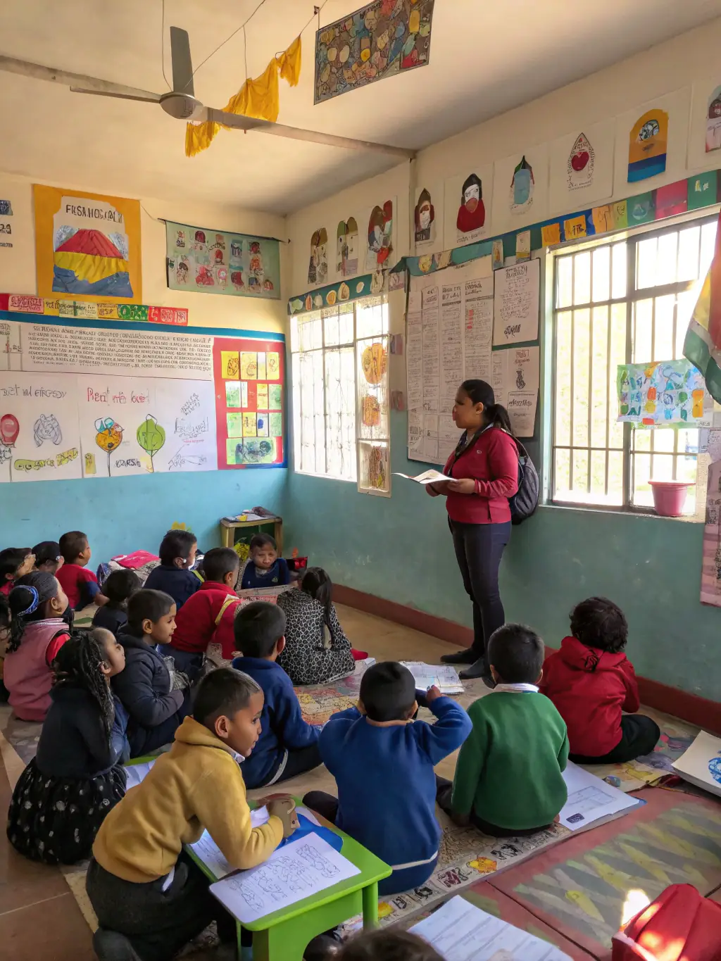 A group of children participating in an educational workshop about the history of Pomayrols, learning about local traditions and cultural heritage.