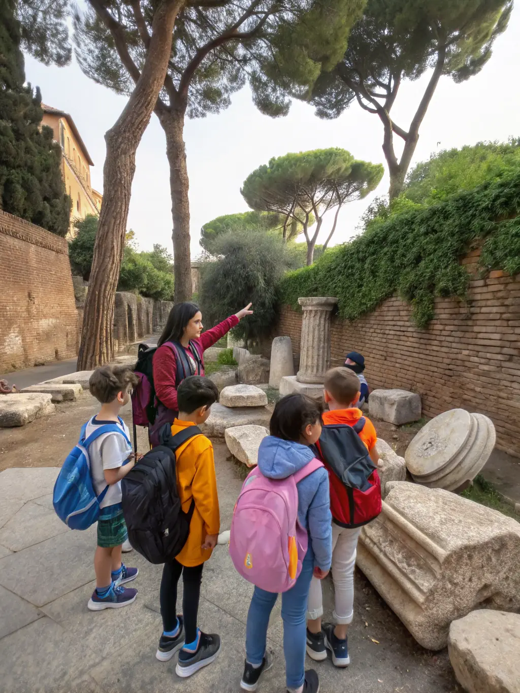 A group of children participating in a guided tour of a historical site in Pomayrols, led by a member of the ASPCP, focusing on local history and heritage.