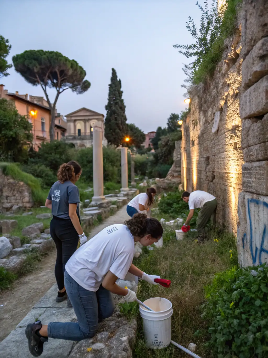 A photograph of volunteers cleaning and restoring an ancient stone wall in Pomayrols, showcasing community involvement in heritage preservation.